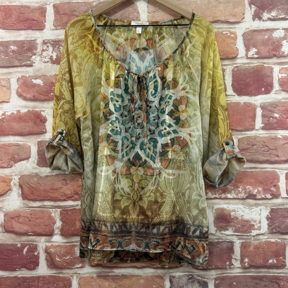 Dressbarn Top Women's XL Multicolor Boho Floral Abstract Sheer Casual Shirt